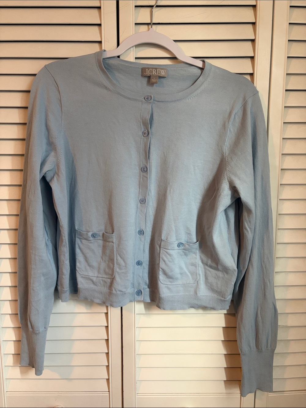 J. Crew Large Powder Blue Crewneck Button Cardigan Pocket Ultrafine Cotton CB893